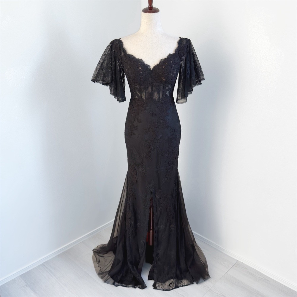 Badgley Mischka Lace Maxi Dress Size 0 Black Gothic Dark Romantic Bridal Gown